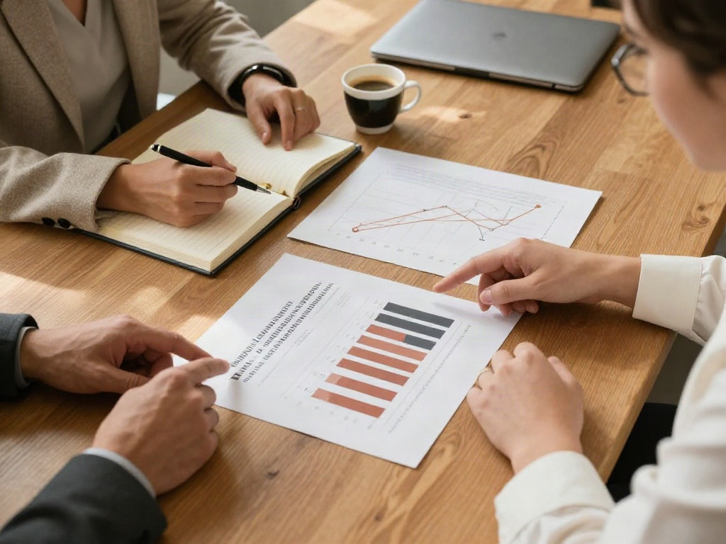 Business advisors reviewing printed charts and strategic priorities around an oak meeting table